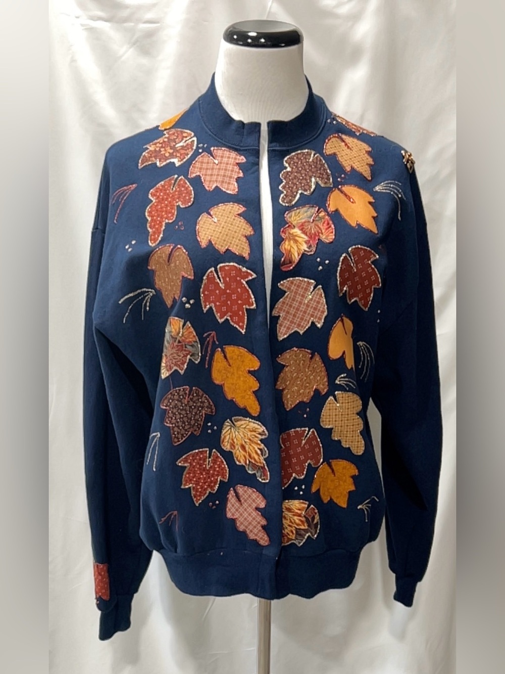 Vintage Jerzees Fall Leaf Applique Open Front Cardigan Sweatshirt Large
